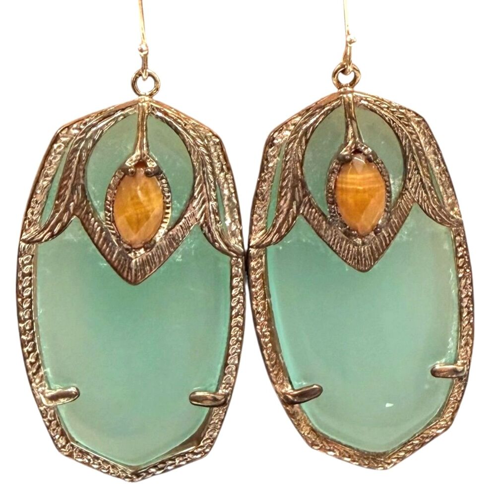 Kendra Scott Vintage Darby Statement Earrings Green Chalcedony Tiger's Eye Rare